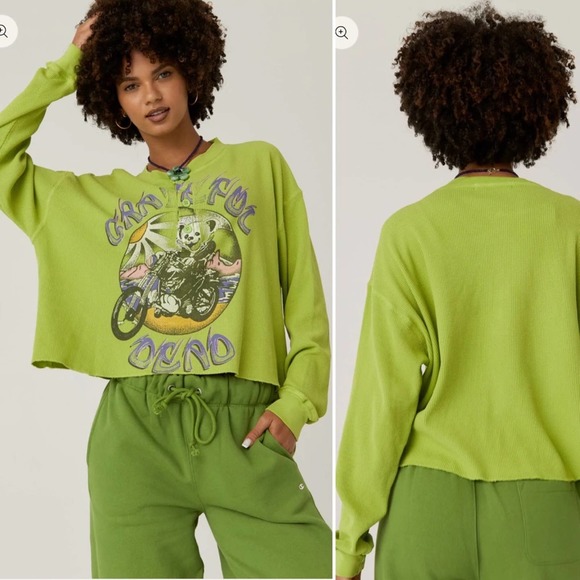 DAYDREAMER The Grateful Dead Motorcycle Bear Cropped Thermal Henley Green NEW